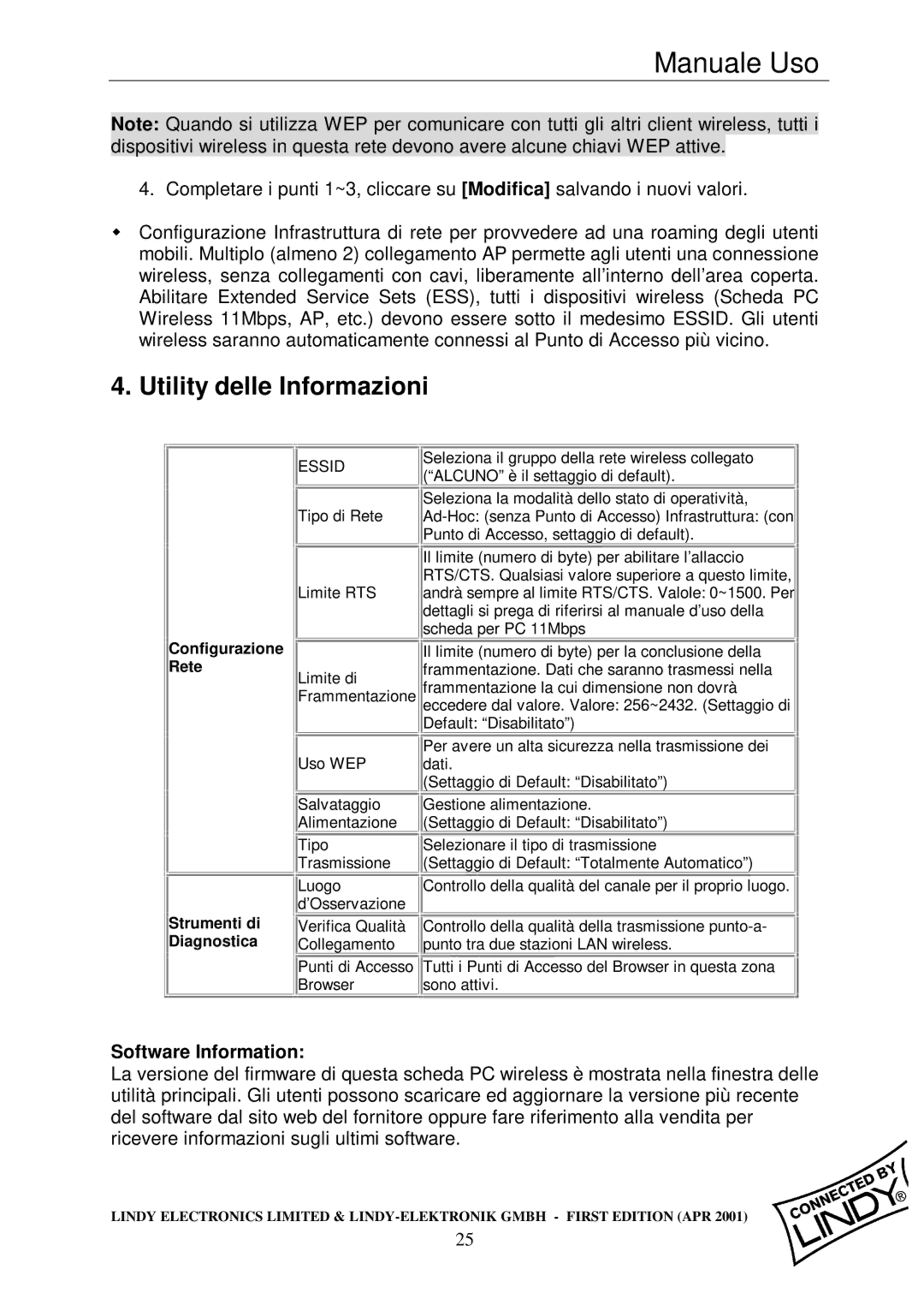 Lindy Wireless LAN - 11 PCMCIA Card manual Utility delle Informazioni, Configurazione Rete 