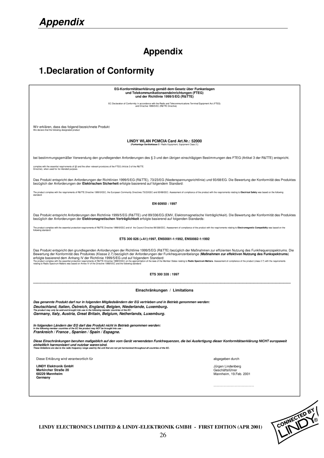 Lindy Wireless LAN - 11 PCMCIA Card manual Appendix Declaration of Conformity 