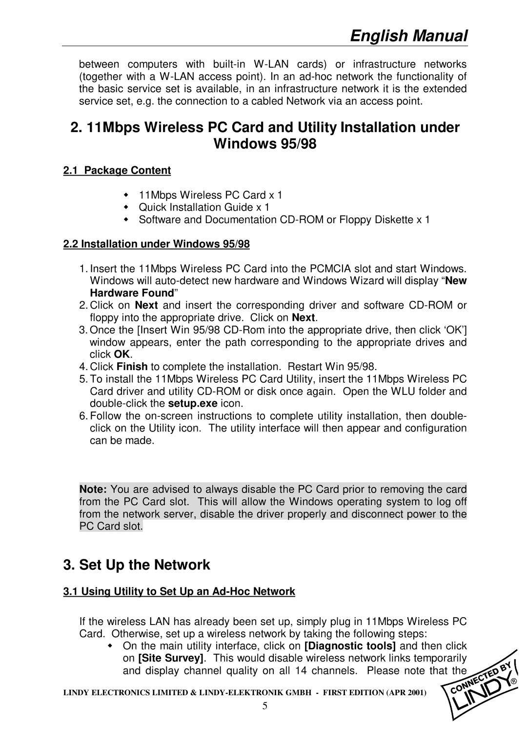 Lindy Wireless LAN - 11 PCMCIA Card manual Set Up the Network, Package Content, Installation under Windows 95/98 