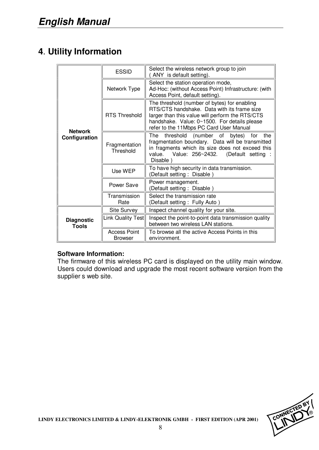 Lindy Wireless LAN - 11 PCMCIA Card manual Utility Information, Software Information 