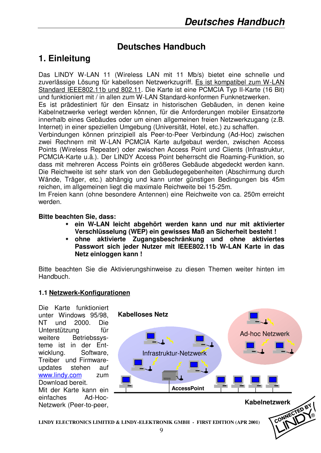 Lindy Wireless LAN - 11 PCMCIA Card manual Deutsches Handbuch Einleitung, Netzwerk-Konfigurationen, Kabelloses Netz 