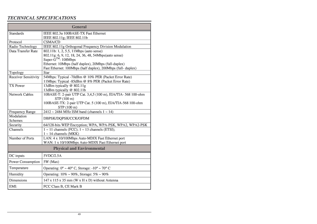 Lindy Wireless LAN Router user manual General, Physical and Environmental, Technical Specifications 