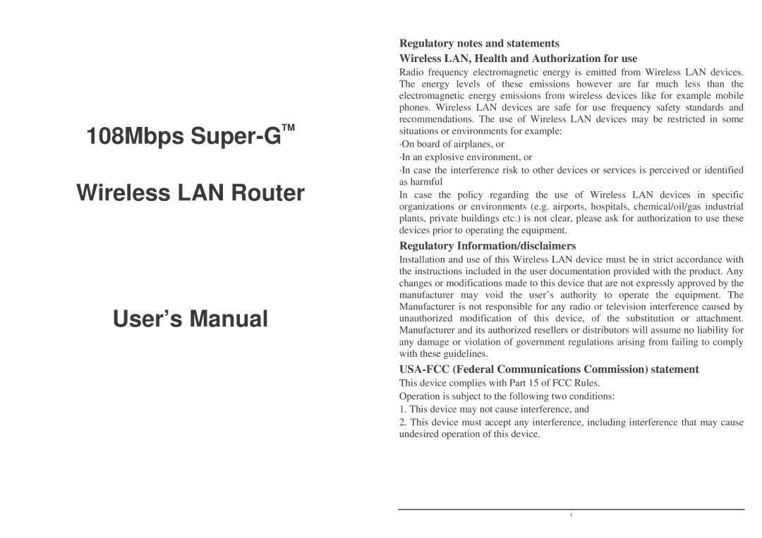 Lindy user manual 108Mbps Super-GTMWireless LAN Router User’s Manual 