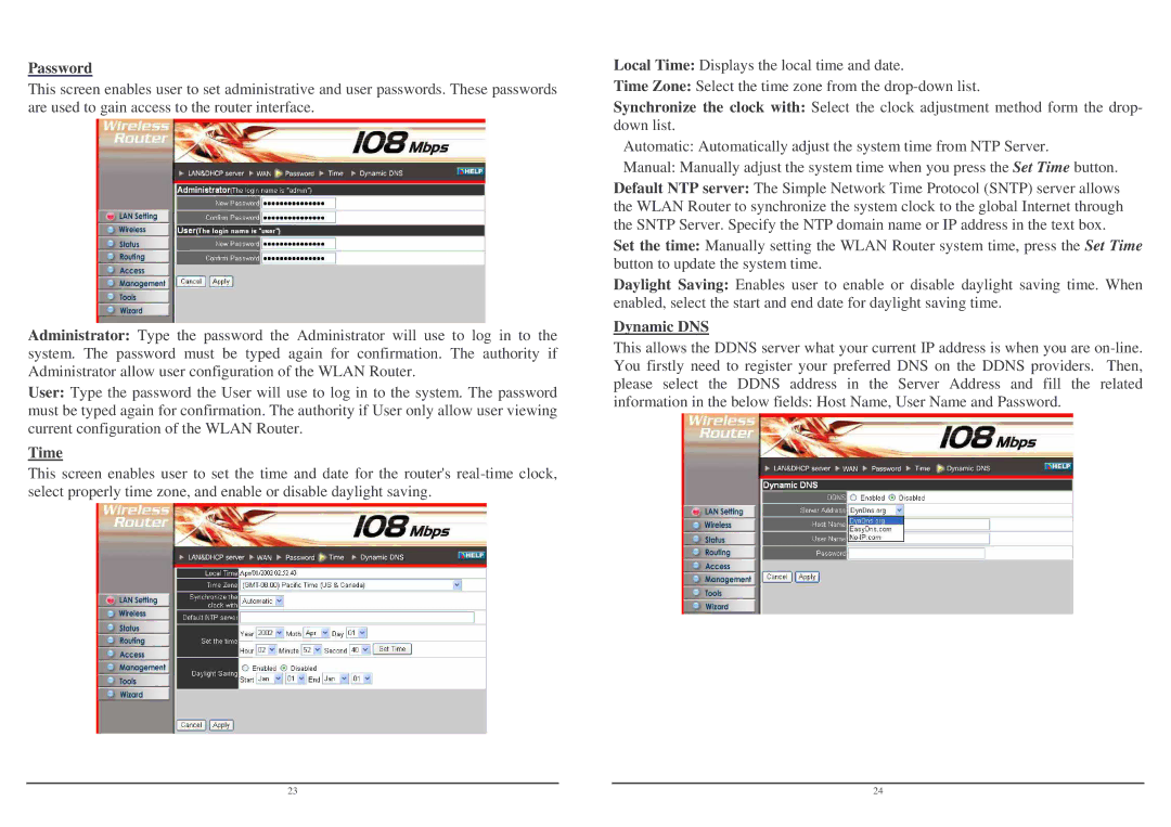 Lindy Wireless LAN Router user manual Password, Time, Dynamic DNS 