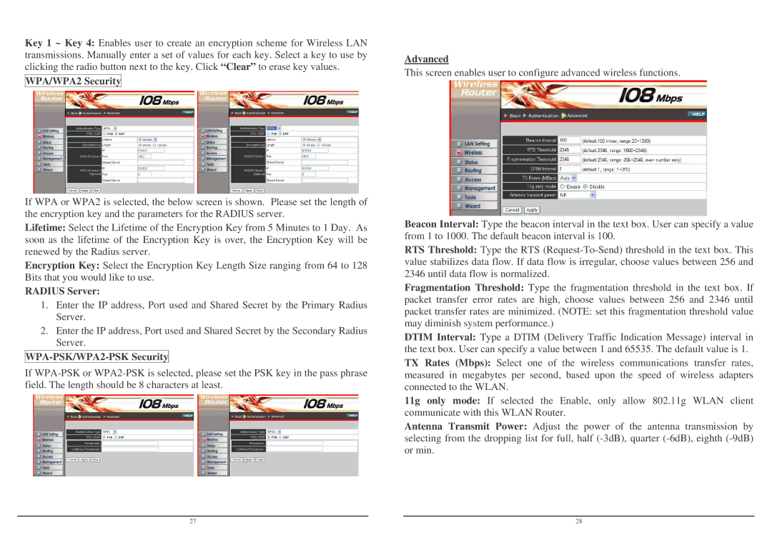 Lindy Wireless LAN Router user manual WPA/WPA2 Security, Radius Server, WPA-PSK/WPA2-PSK Security, Advanced 