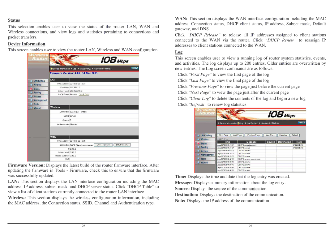 Lindy Wireless LAN Router user manual Device Information, Log 