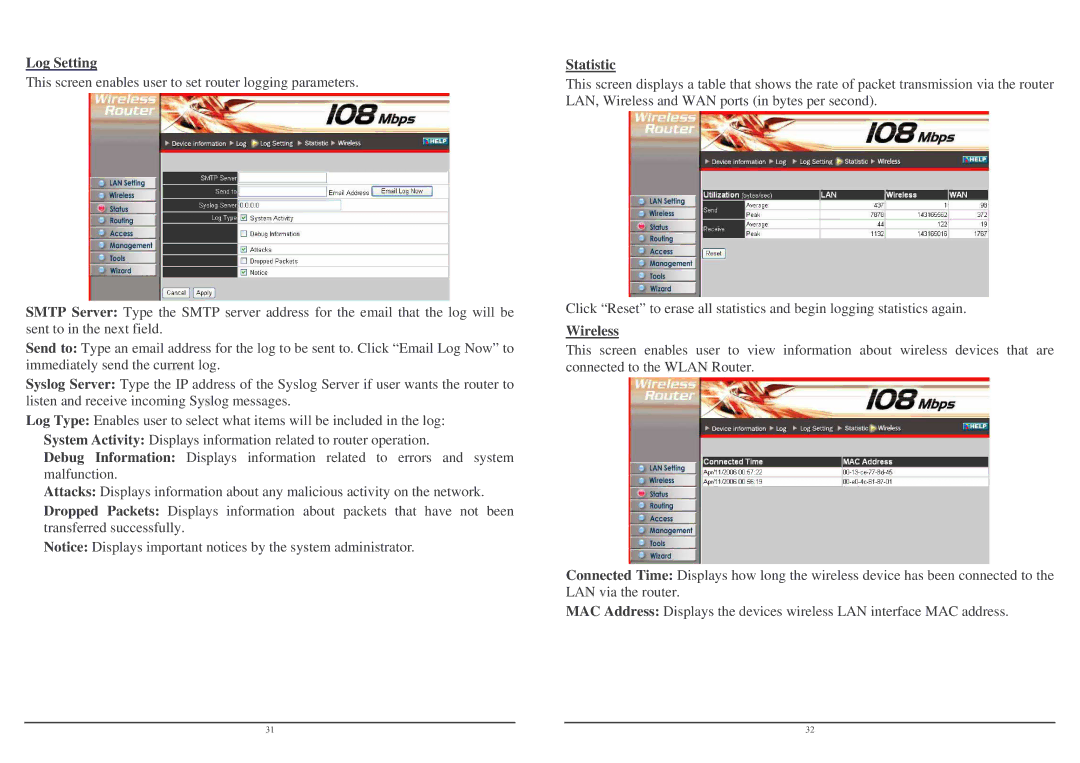 Lindy Wireless LAN Router user manual Log Setting, Statistic 