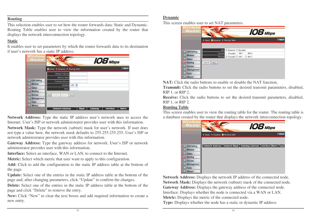 Lindy Wireless LAN Router user manual Static, Dynamic, Routing Table 