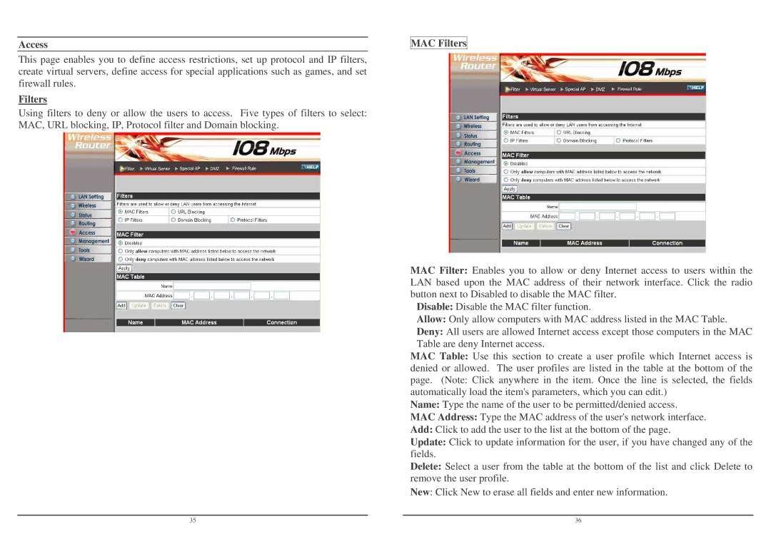 Lindy Wireless LAN Router user manual Access, MAC Filters 