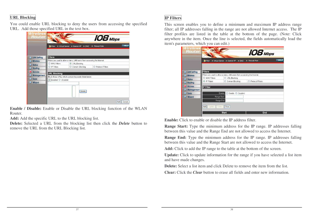 Lindy Wireless LAN Router user manual URL Blocking, IP Filters 