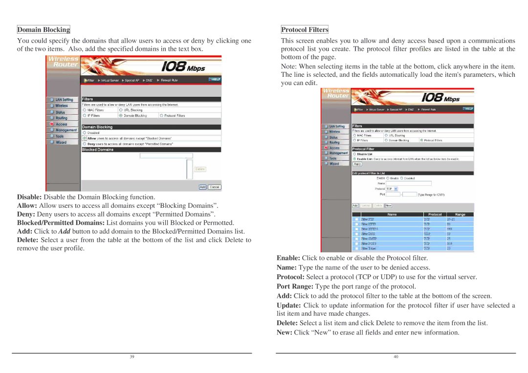 Lindy Wireless LAN Router user manual Domain Blocking, Protocol Filters 
