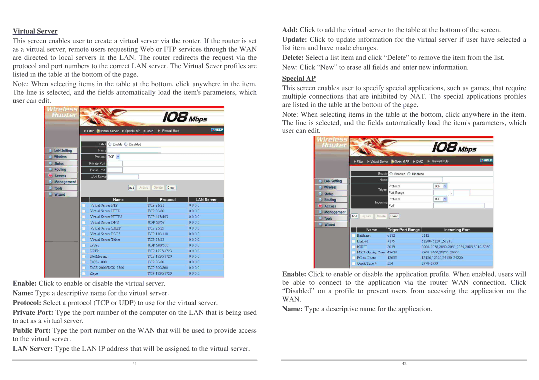 Lindy Wireless LAN Router user manual Virtual Server, Special AP 