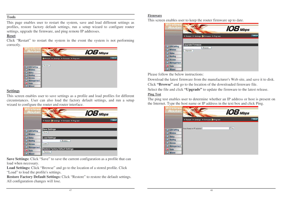 Lindy Wireless LAN Router user manual Tools, Reset, Settings 