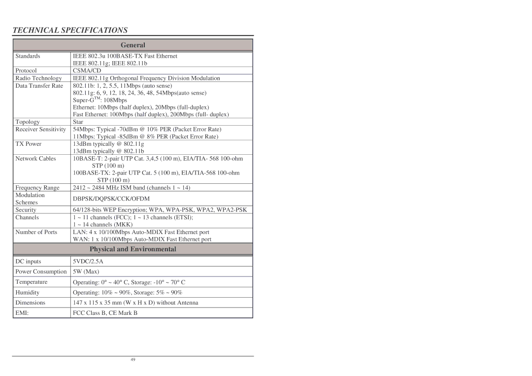 Lindy Wireless LAN Router user manual General, Physical and Environmental 