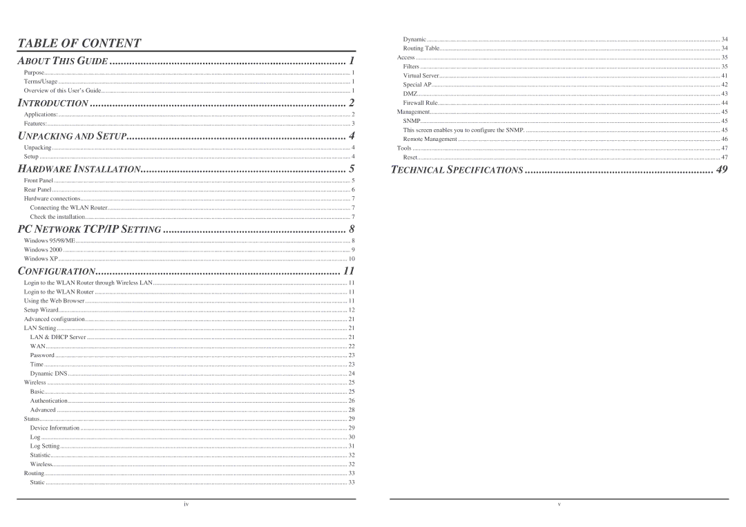 Lindy Wireless LAN Router user manual Table of Content, Technical Specifications 