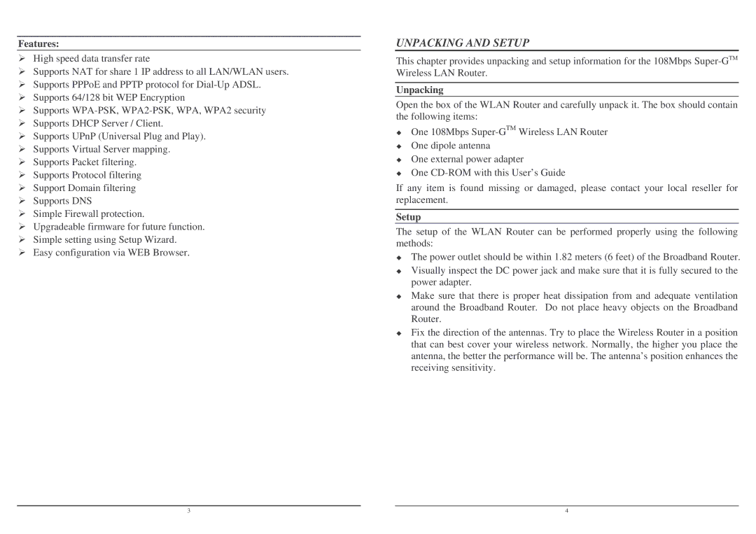 Lindy Wireless LAN Router user manual Unpacking and Setup, Features 