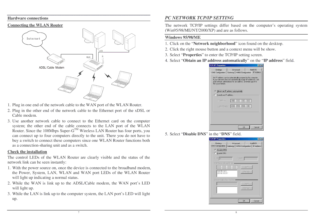 Lindy Wireless LAN Router PC Network TCP/IP Setting, Hardware connections Connecting the Wlan Router, Windows 95/98/ME 