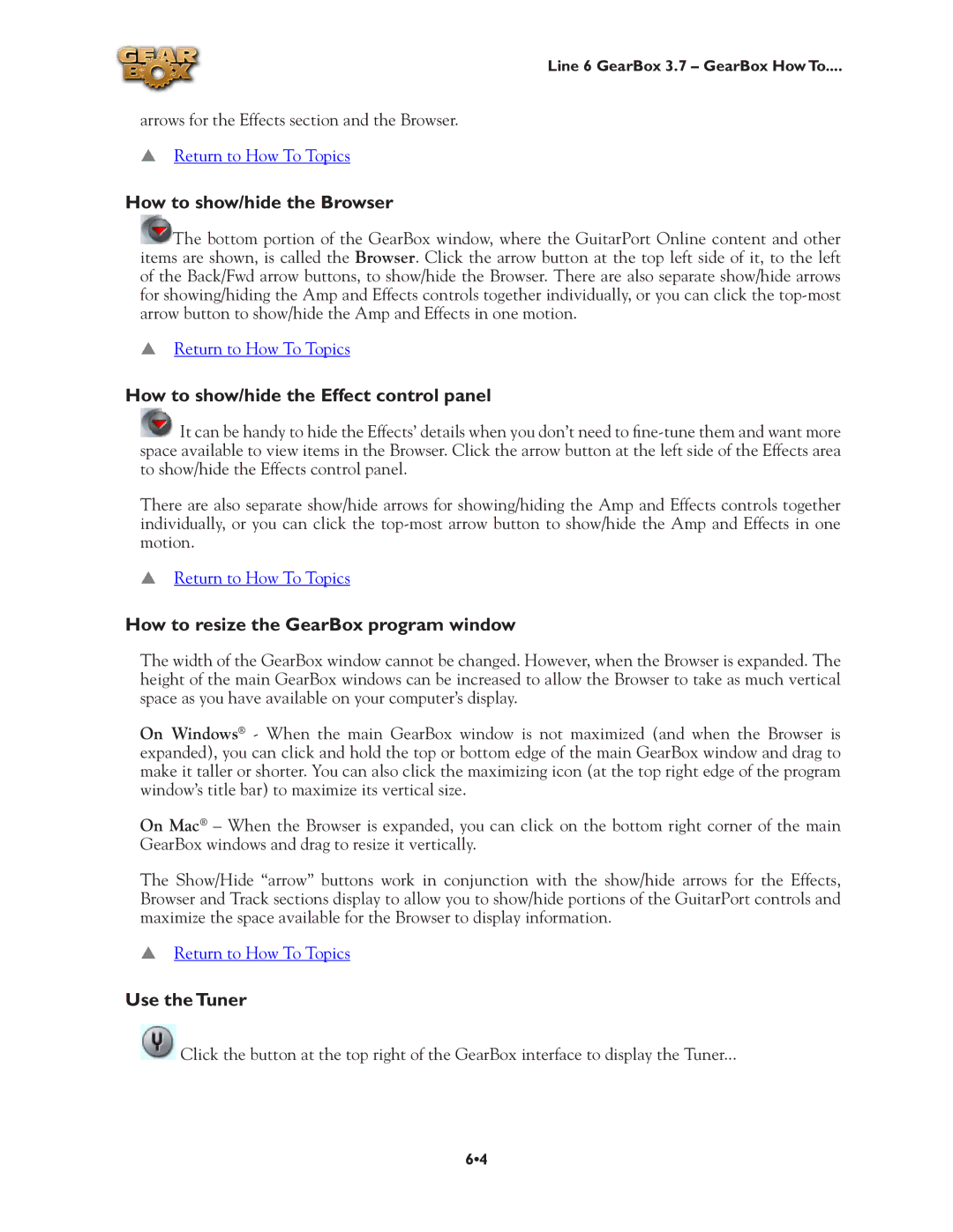 Line 6 3.7 manual How to show/hide the Browser, How to show/hide the Effect control panel, Use the Tuner 