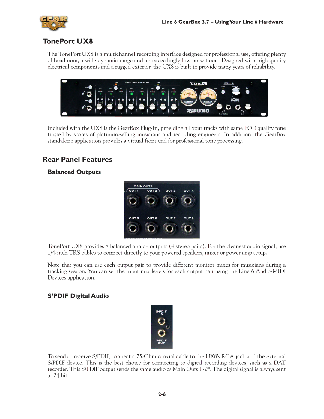 Line 6 3.7 manual TonePort UX8, Rear Panel Features, Balanced Outputs, Pdif Digital Audio 