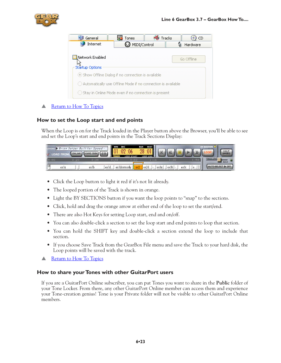 Line 6 3.7 manual How to set the Loop start and end points, How to share your Tones with other GuitarPort users 