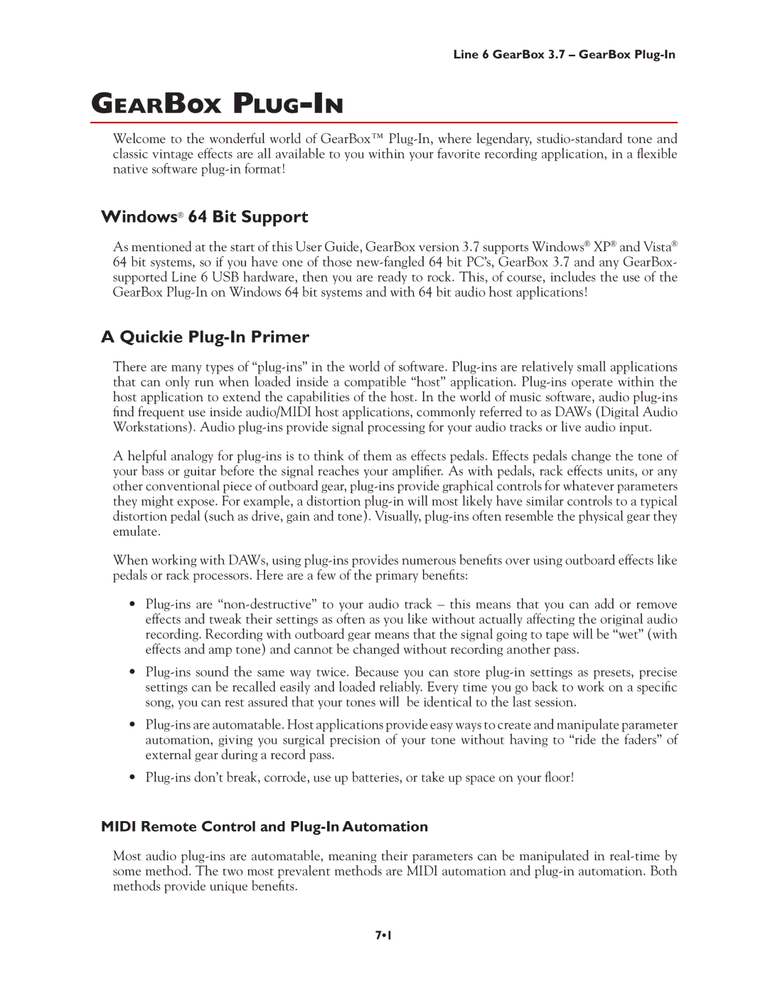 Line 6 3.7 manual Windows 64 Bit Support, Quickie Plug-In Primer, Midi Remote Control and Plug-In Automation 