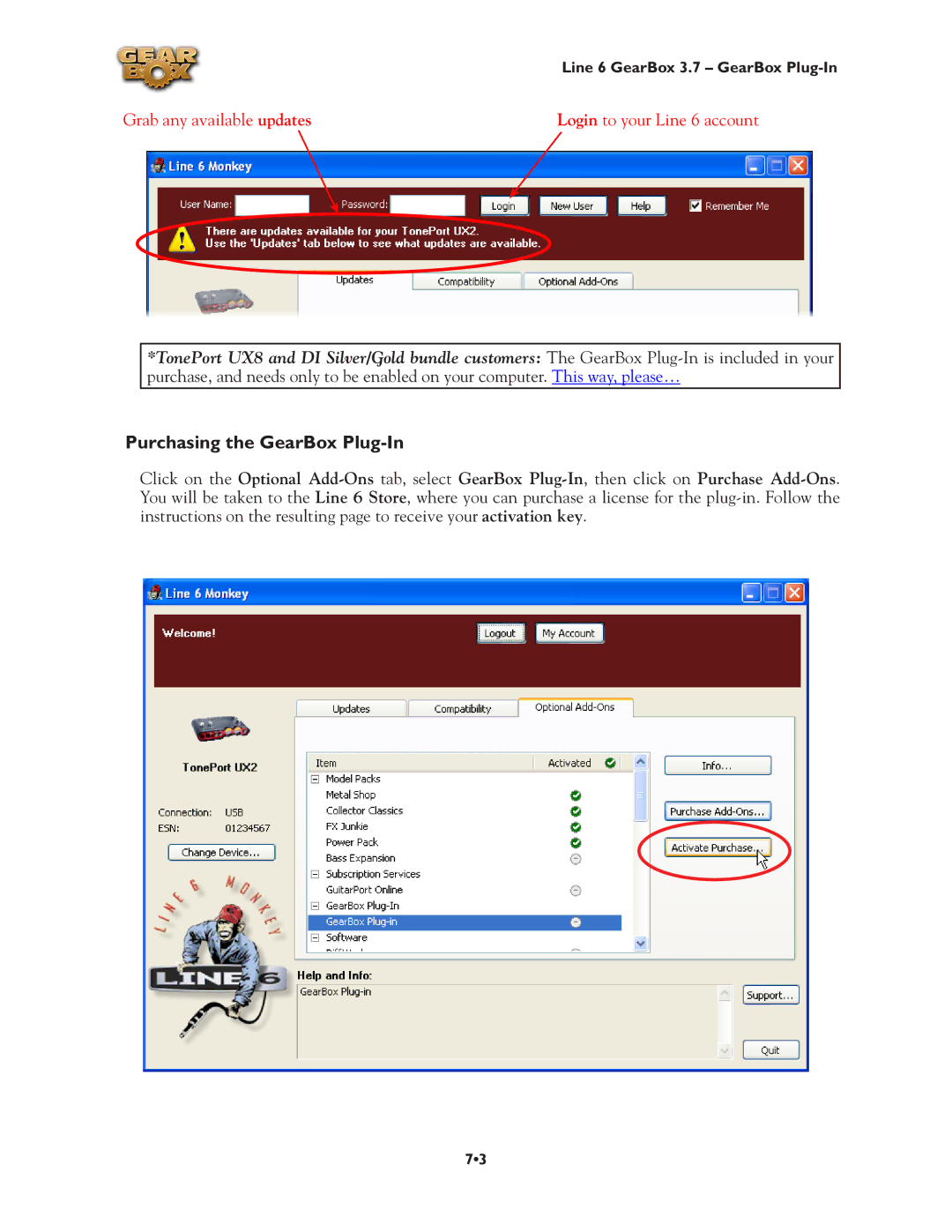 Line 6 3.7 manual Purchasing the GearBox Plug-In, Grab any available updates Login to your Line 6 account 