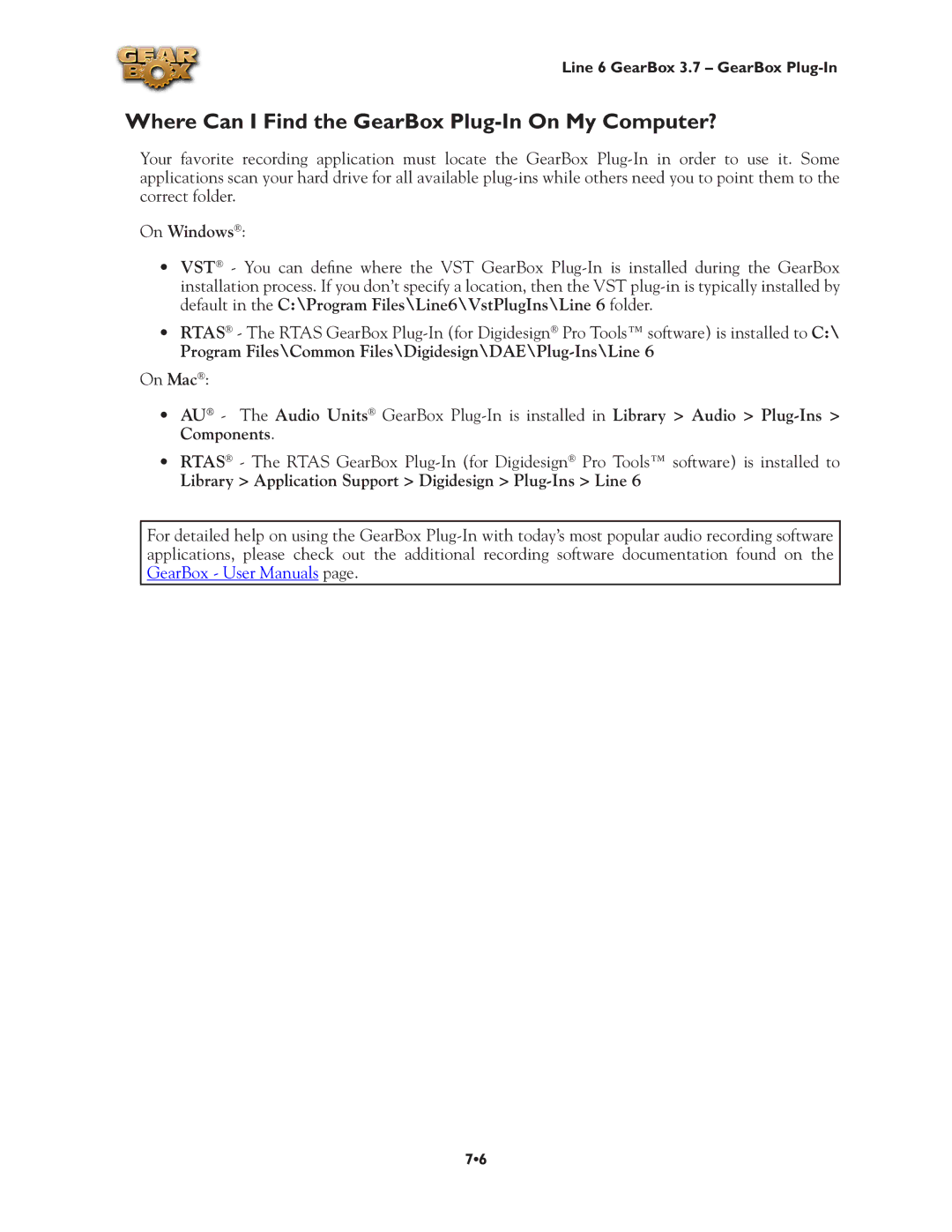 Line 6 3.7 manual Where Can I Find the GearBox Plug-In On My Computer?, On Windows 