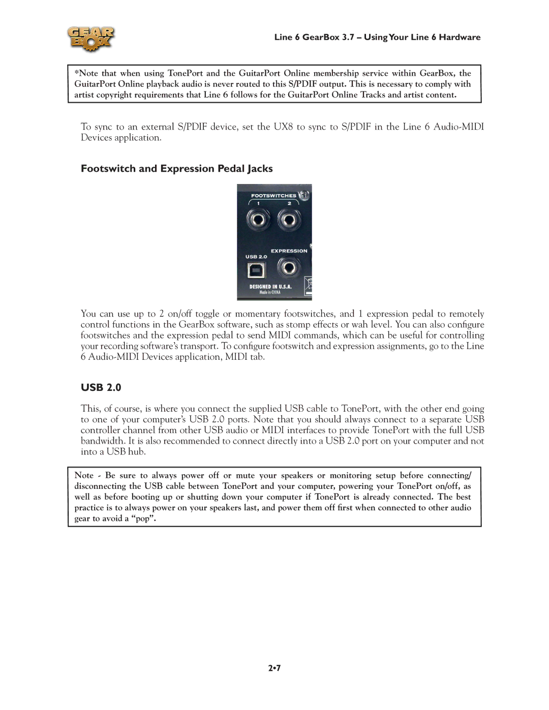 Line 6 3.7 manual Footswitch and Expression Pedal Jacks, Usb 