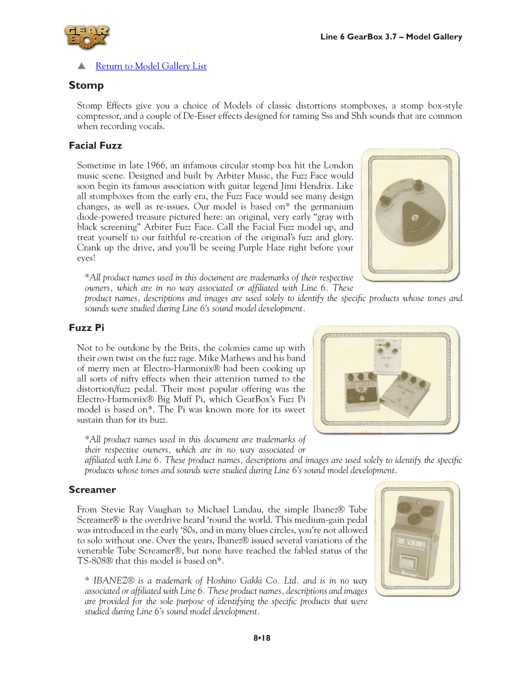 Line 6 3.7 manual Stomp, Facial Fuzz, Fuzz Pi, Screamer 
