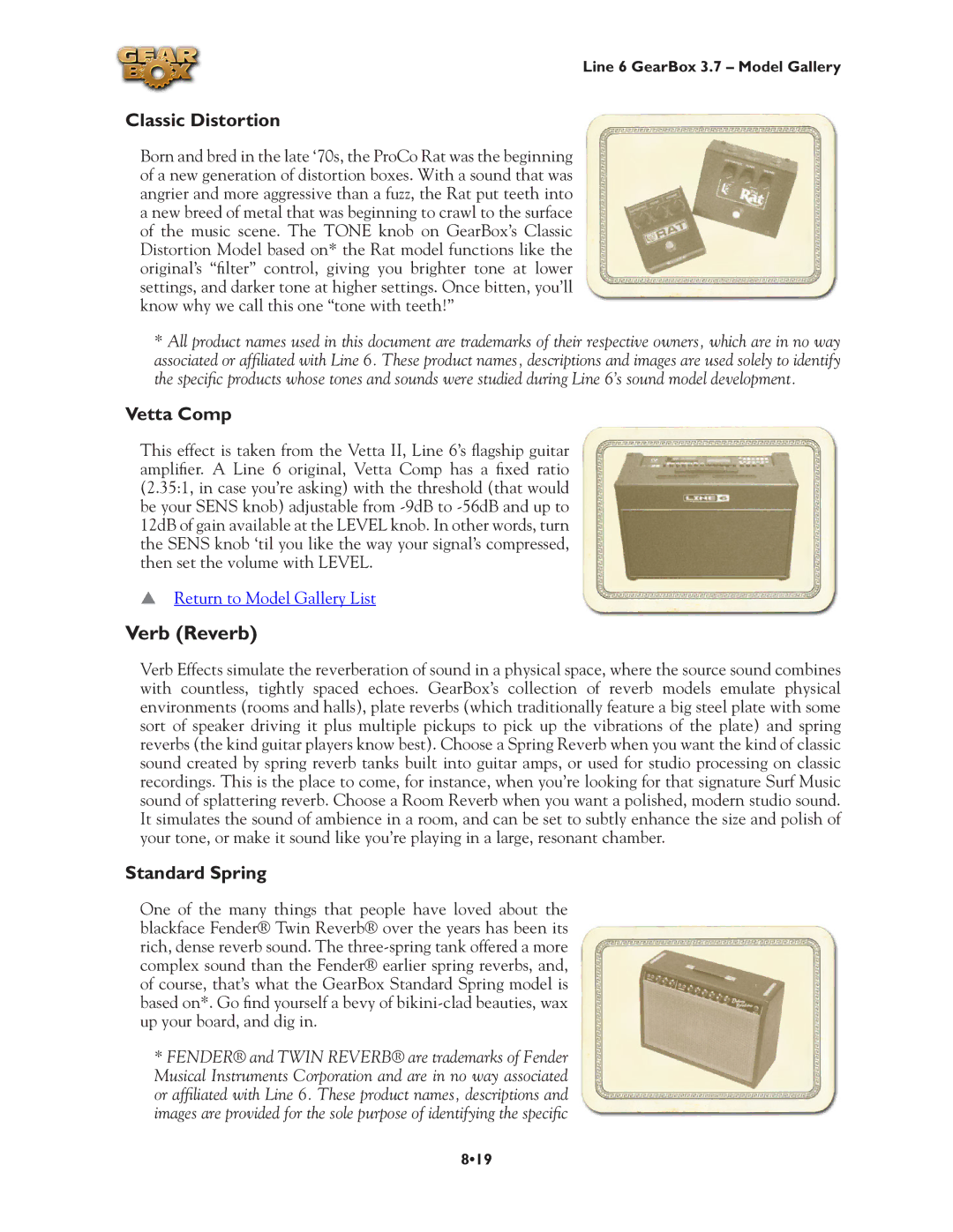 Line 6 3.7 manual Verb Reverb, Classic Distortion, Vetta Comp, Standard Spring 