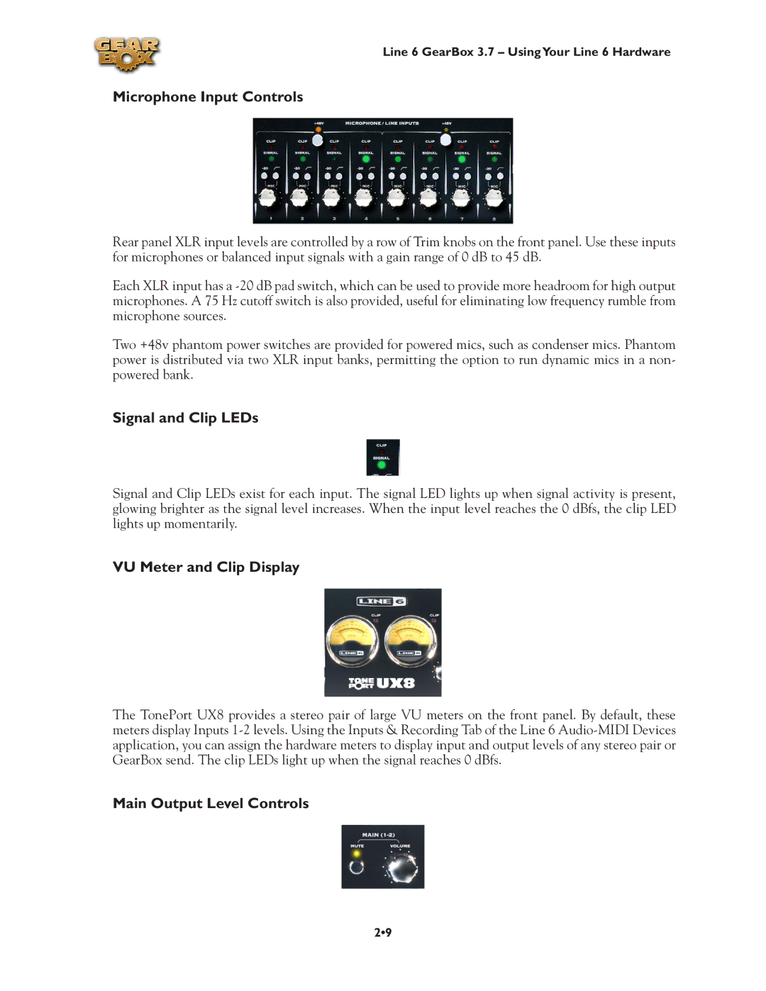 Line 6 3.7 manual Microphone Input Controls, Signal and Clip LEDs, VU Meter and Clip Display, Main Output Level Controls 