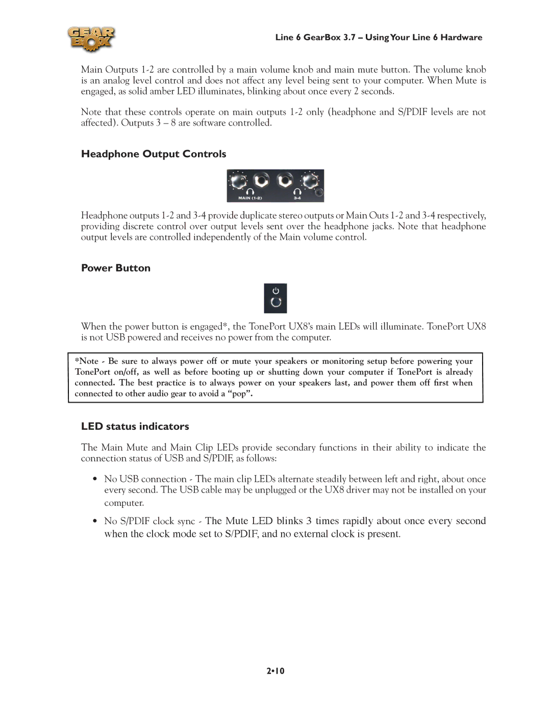 Line 6 3.7 manual Headphone Output Controls, Power Button, LED status indicators 