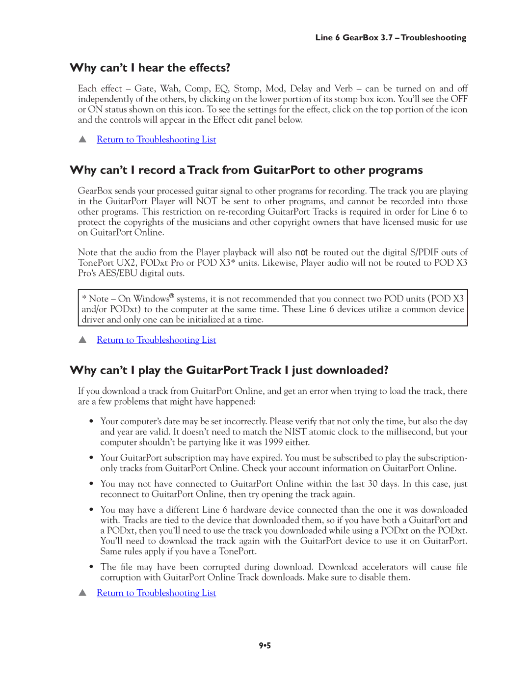 Line 6 3.7 manual Why can’t I hear the effects?, Why can’t I play the GuitarPort Track I just downloaded? 