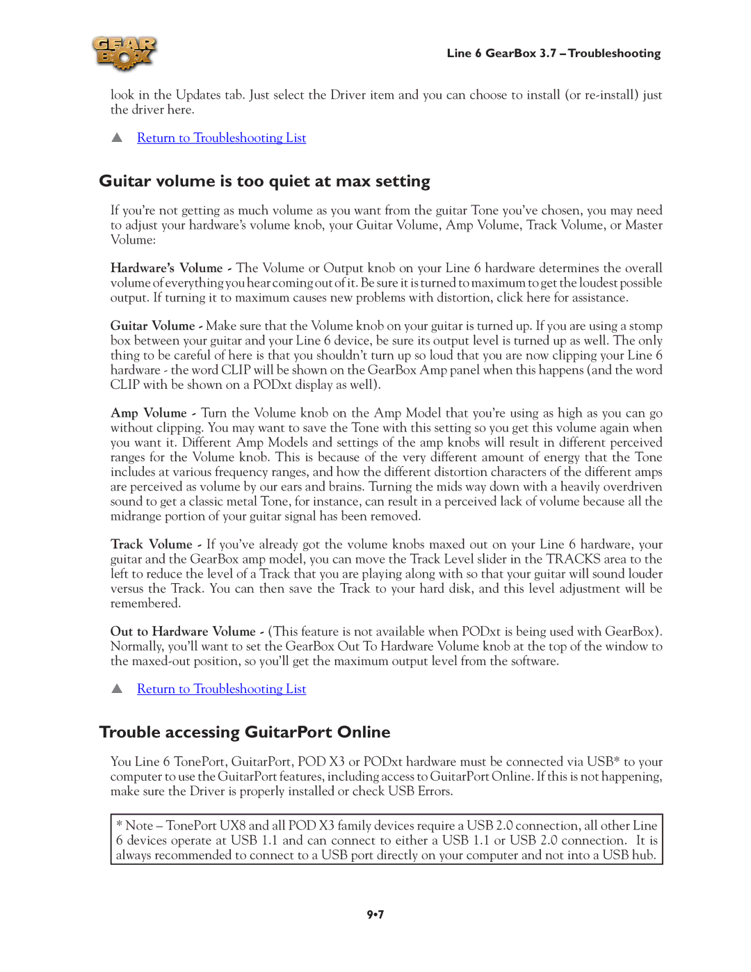 Line 6 3.7 manual Guitar volume is too quiet at max setting, Trouble accessing GuitarPort Online 