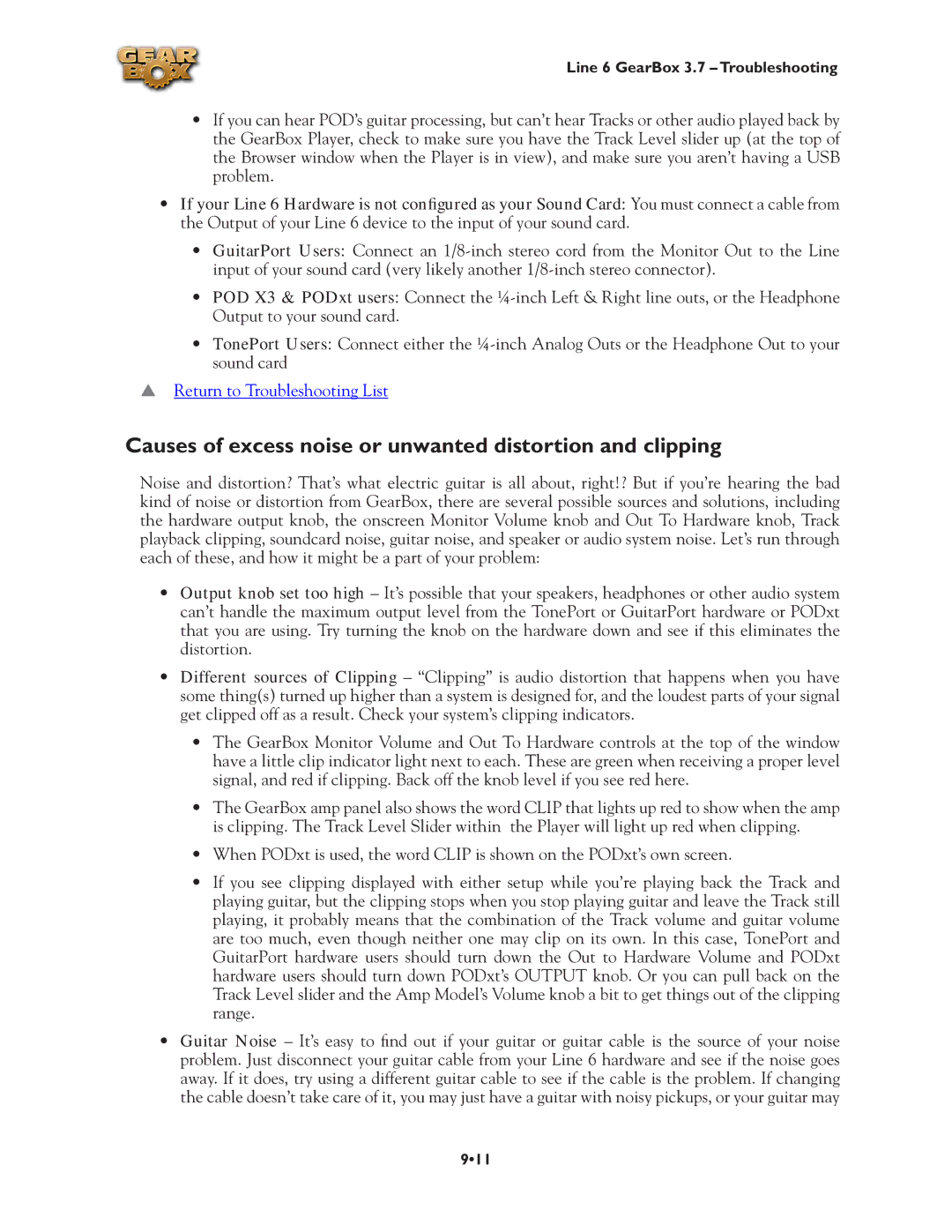 Line 6 3.7 manual Causes of excess noise or unwanted distortion and clipping 