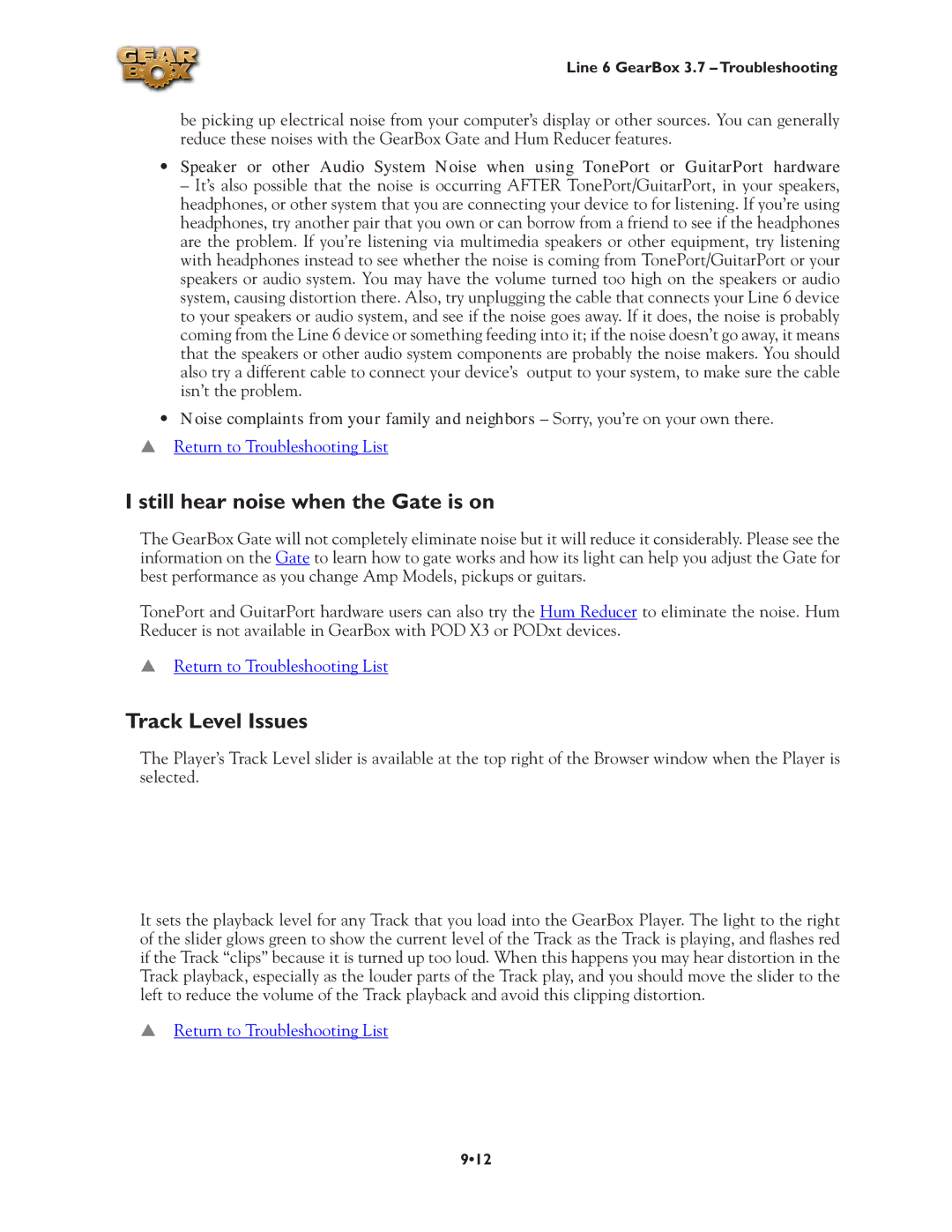 Line 6 3.7 manual Still hear noise when the Gate is on, Track Level Issues 