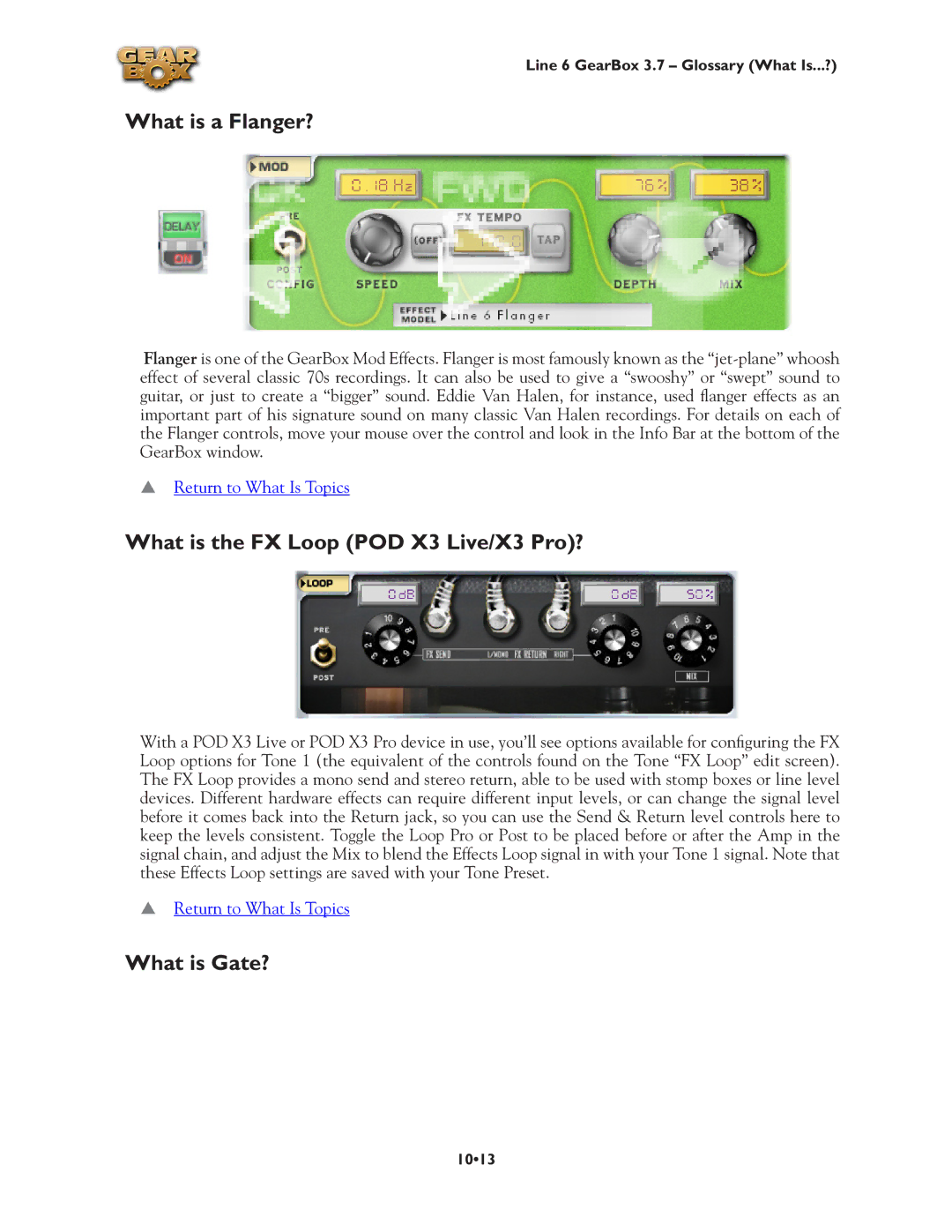 Line 6 3.7 manual What is a Flanger?, What is the FX Loop POD X3 Live/X3 Pro?, What is Gate? 