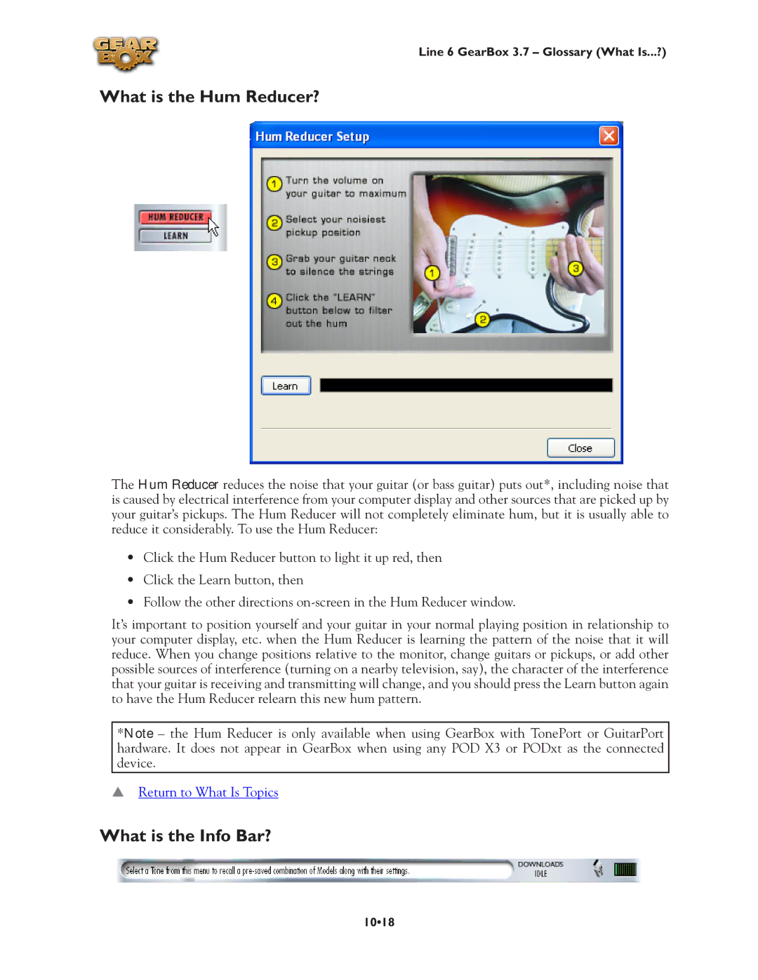 Line 6 3.7 manual What is the Hum Reducer?, What is the Info Bar? 