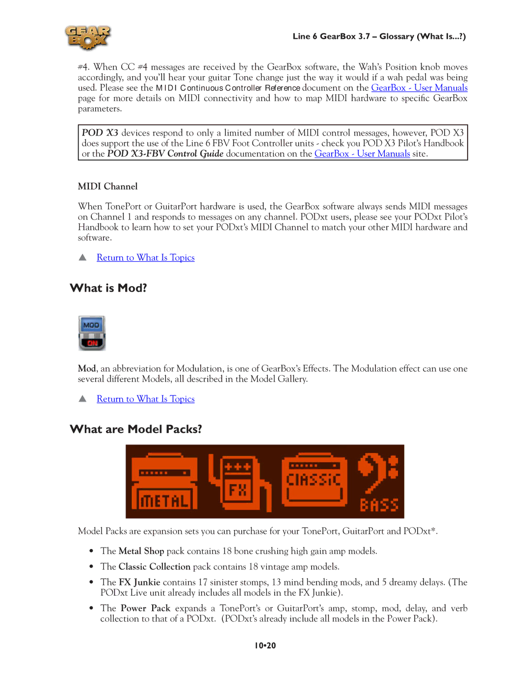 Line 6 3.7 manual What is Mod?, What are Model Packs?, Midi Channel 