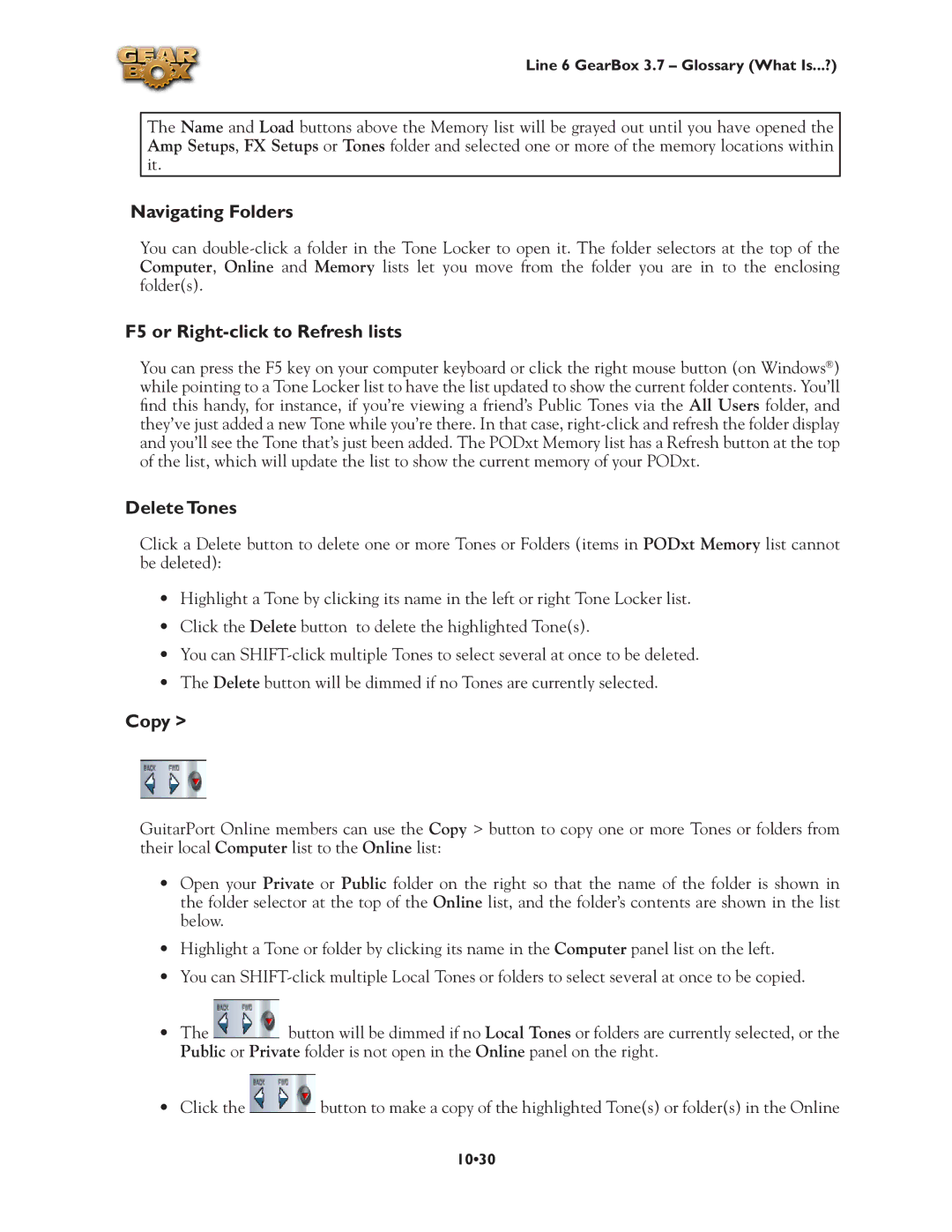 Line 6 3.7 manual Navigating Folders, F5 or Right-click to Refresh lists, Delete Tones, Copy 