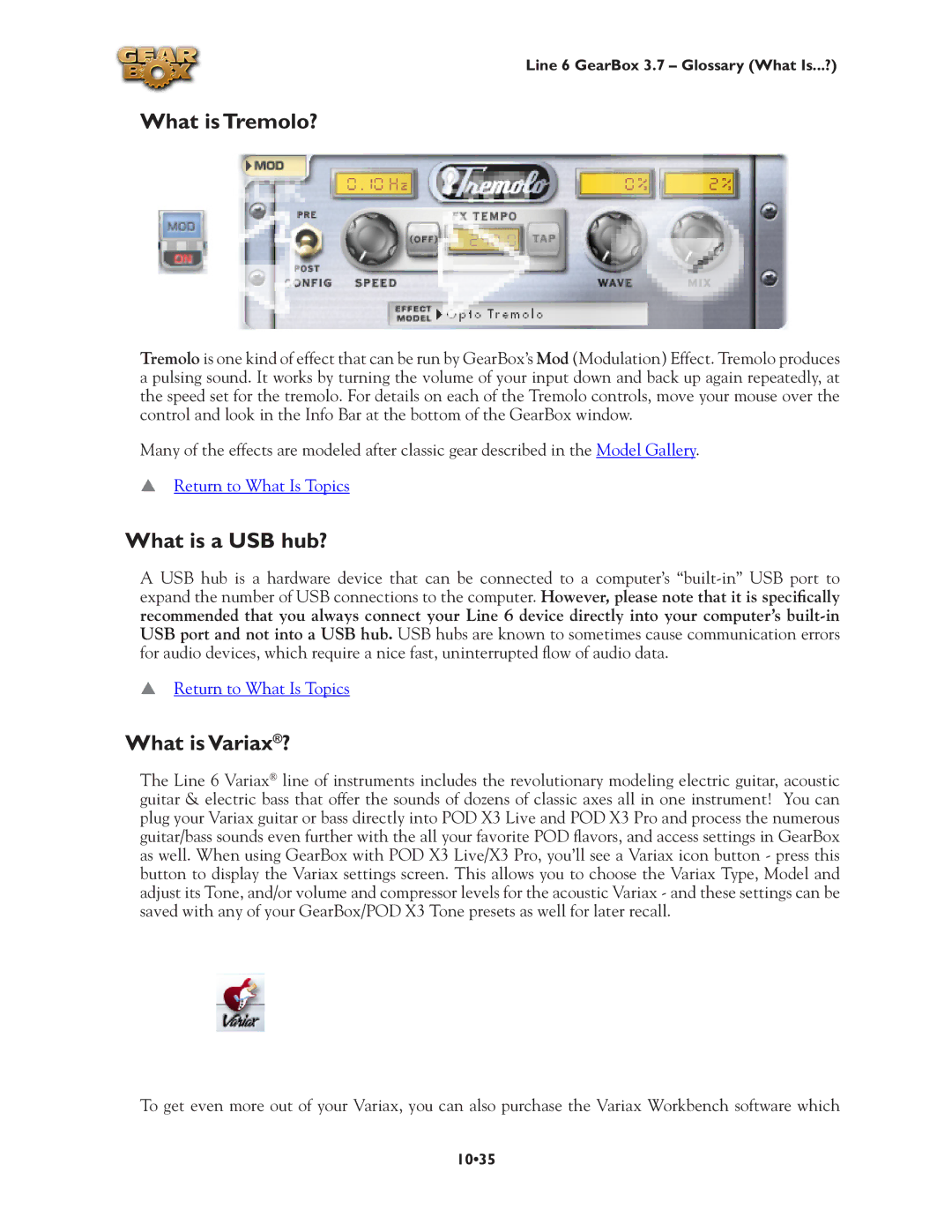 Line 6 3.7 manual What is Tremolo?, What is a USB hub?, What is Variax? 