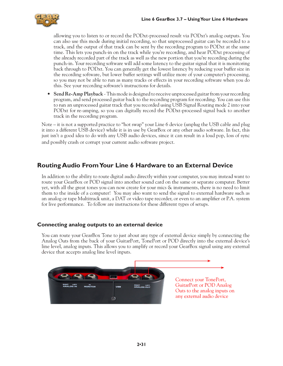 Line 6 3.7 Routing Audio FromYour Line 6 Hardware to an External Device, Connecting analog outputs to an external device 