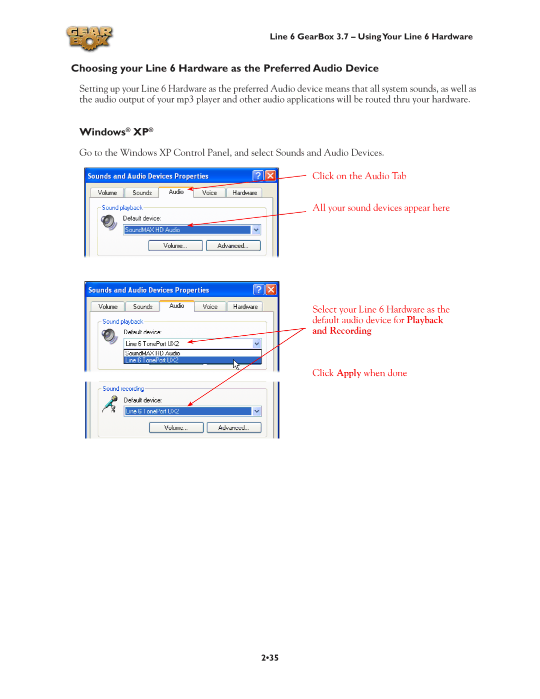 Line 6 3.7 manual Choosing your Line 6 Hardware as the Preferred Audio Device, Windows XP 