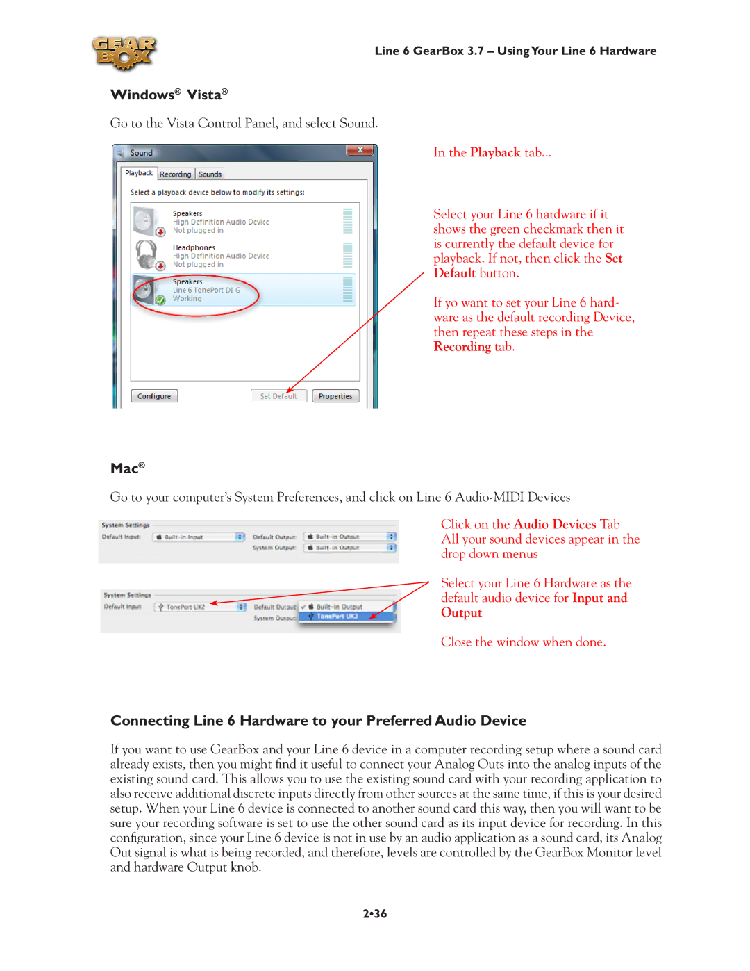 Line 6 3.7 manual Windows Vista, Mac, Connecting Line 6 Hardware to your Preferred Audio Device 