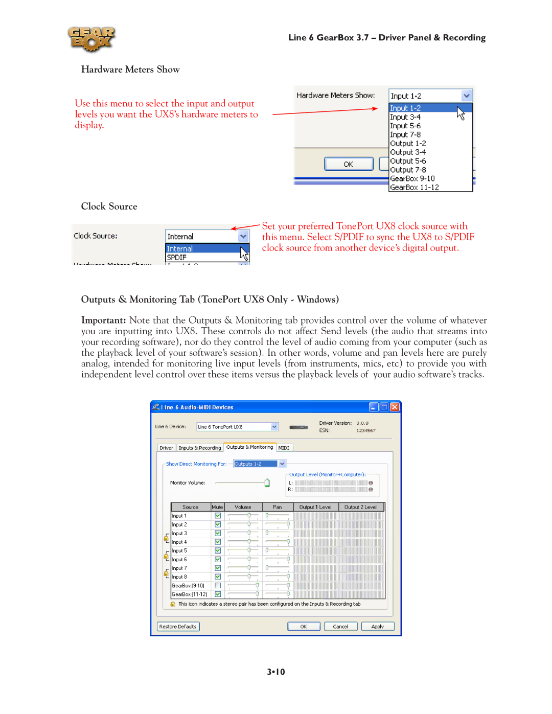 Line 6 3.7 manual Hardware Meters Show, Clock Source, Outputs & Monitoring Tab TonePort UX8 Only Windows 