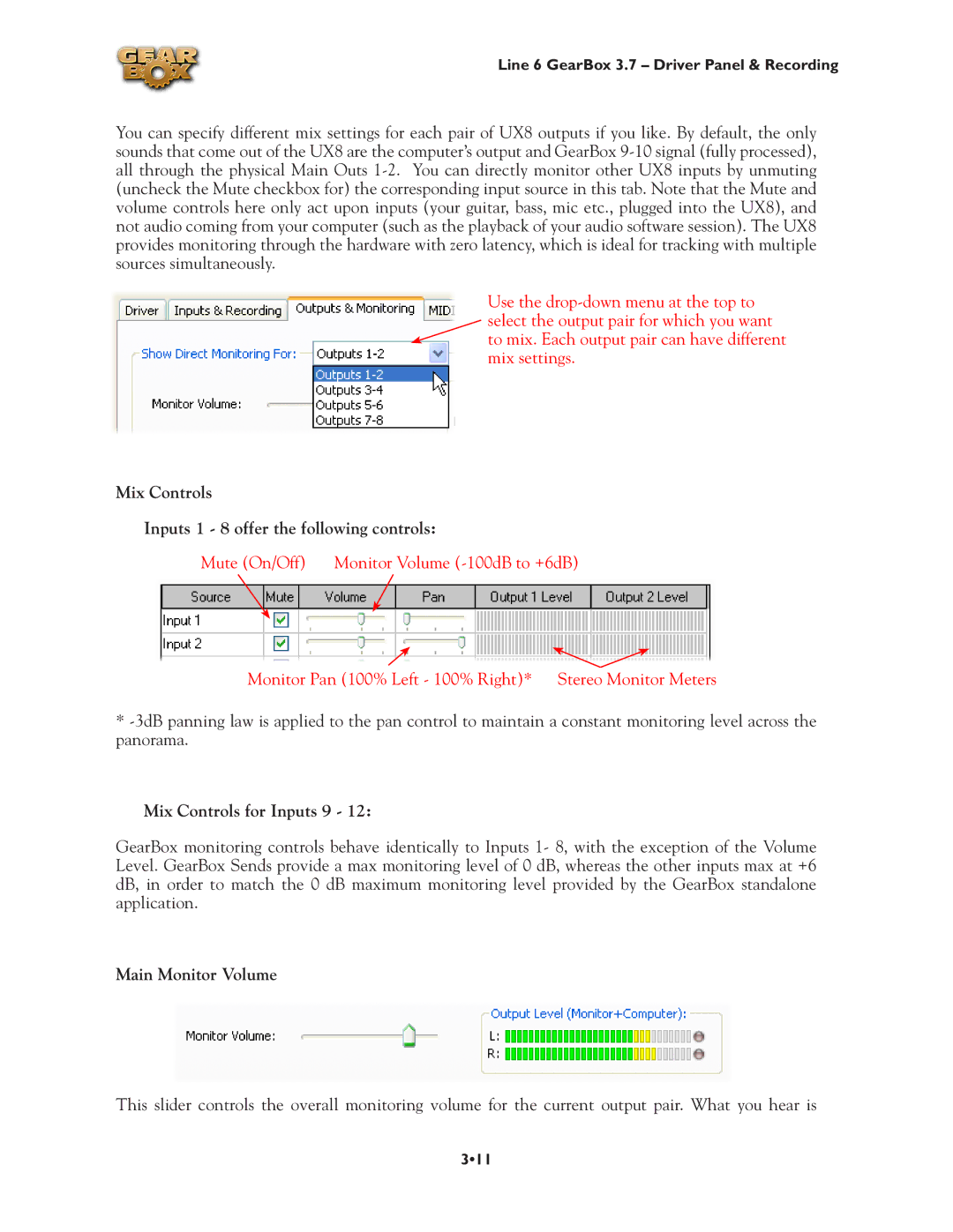 Line 6 3.7 manual Mix Controls Inputs 1 8 offer the following controls, Mix Controls for Inputs 9, Main Monitor Volume 