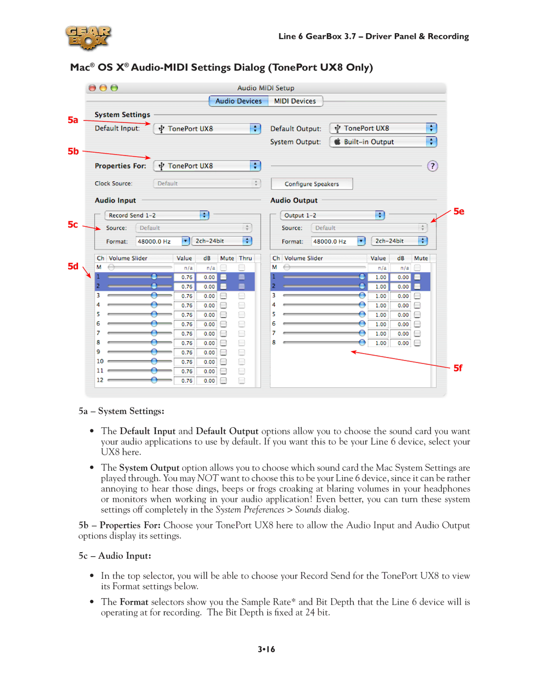 Line 6 3.7 manual Mac OS X Audio-MIDI Settings Dialog TonePort UX8 Only 