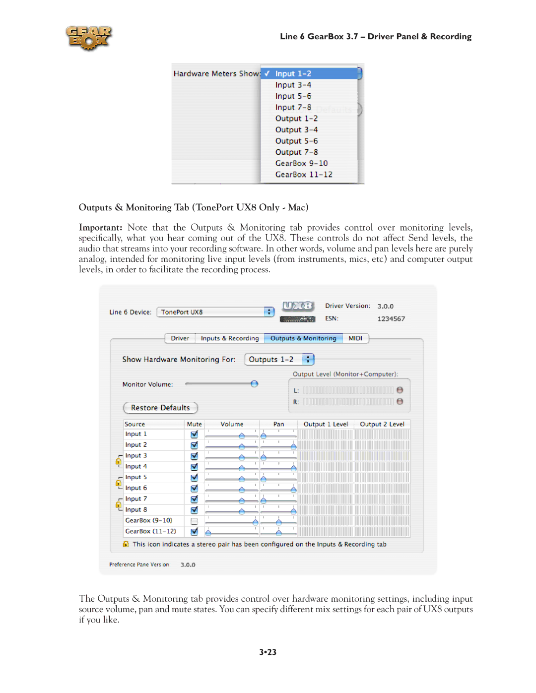 Line 6 3.7 manual Outputs & Monitoring Tab TonePort UX8 Only Mac 