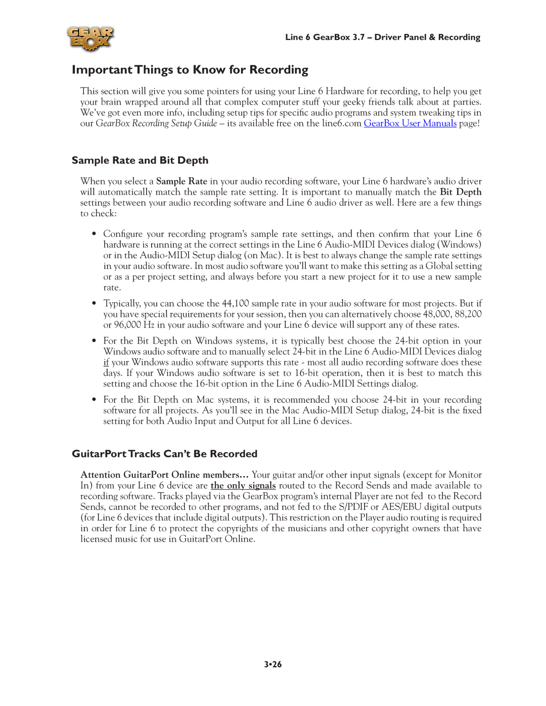 Line 6 3.7 manual Important Things to Know for Recording, Sample Rate and Bit Depth, GuitarPort Tracks Can’t Be Recorded 