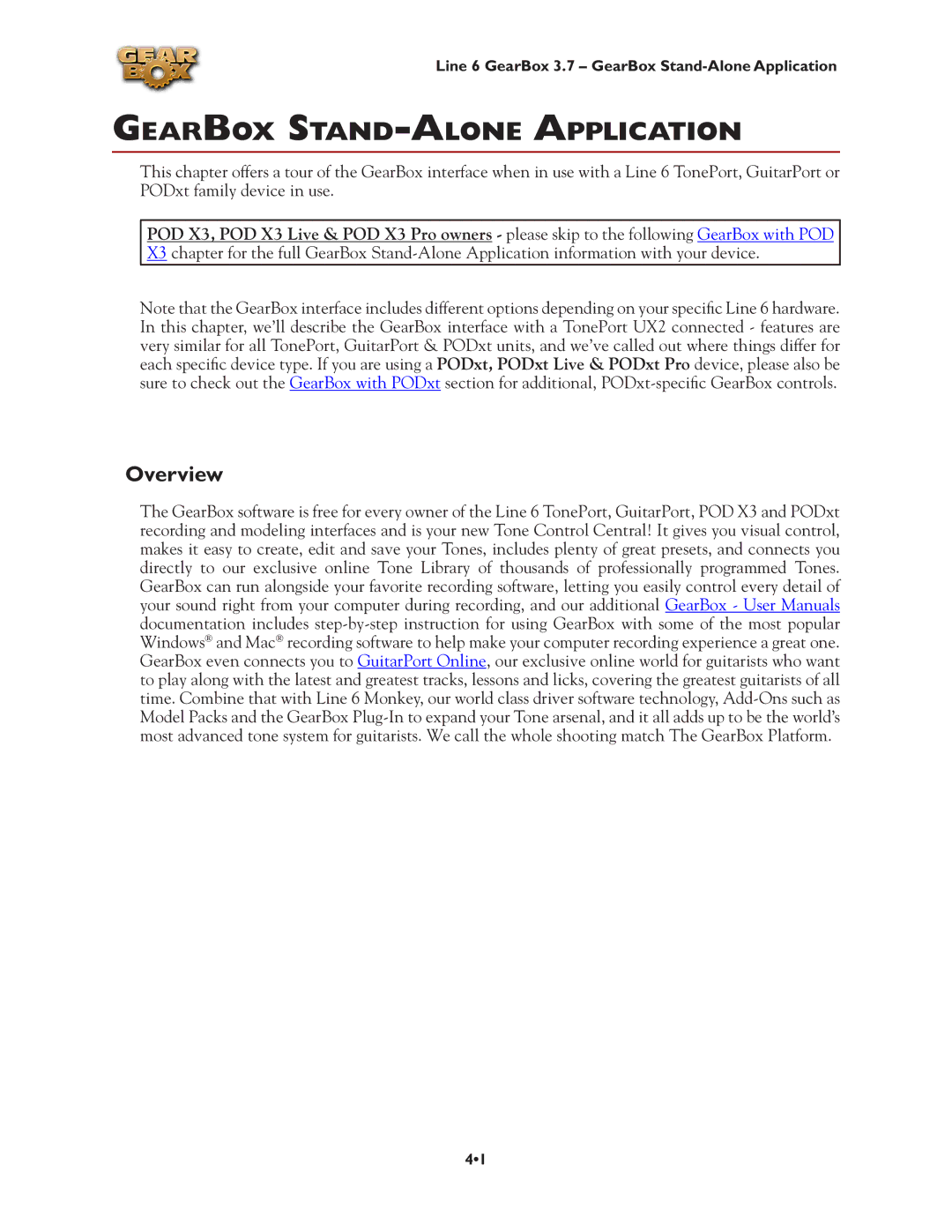 Line 6 3.7 manual GearBox Stand-Alone Application, Overview 